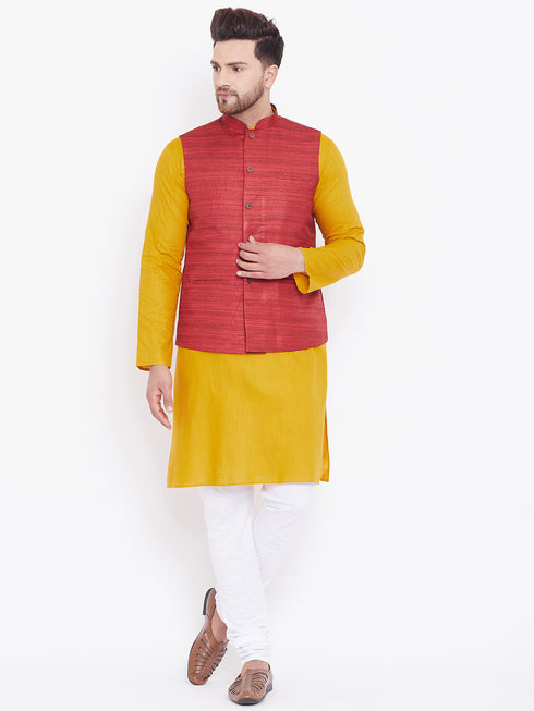 VASTRAMAY Men's Maroon, Mustard And White Cotton Blend Jacket, Kurta and Pyjama Set